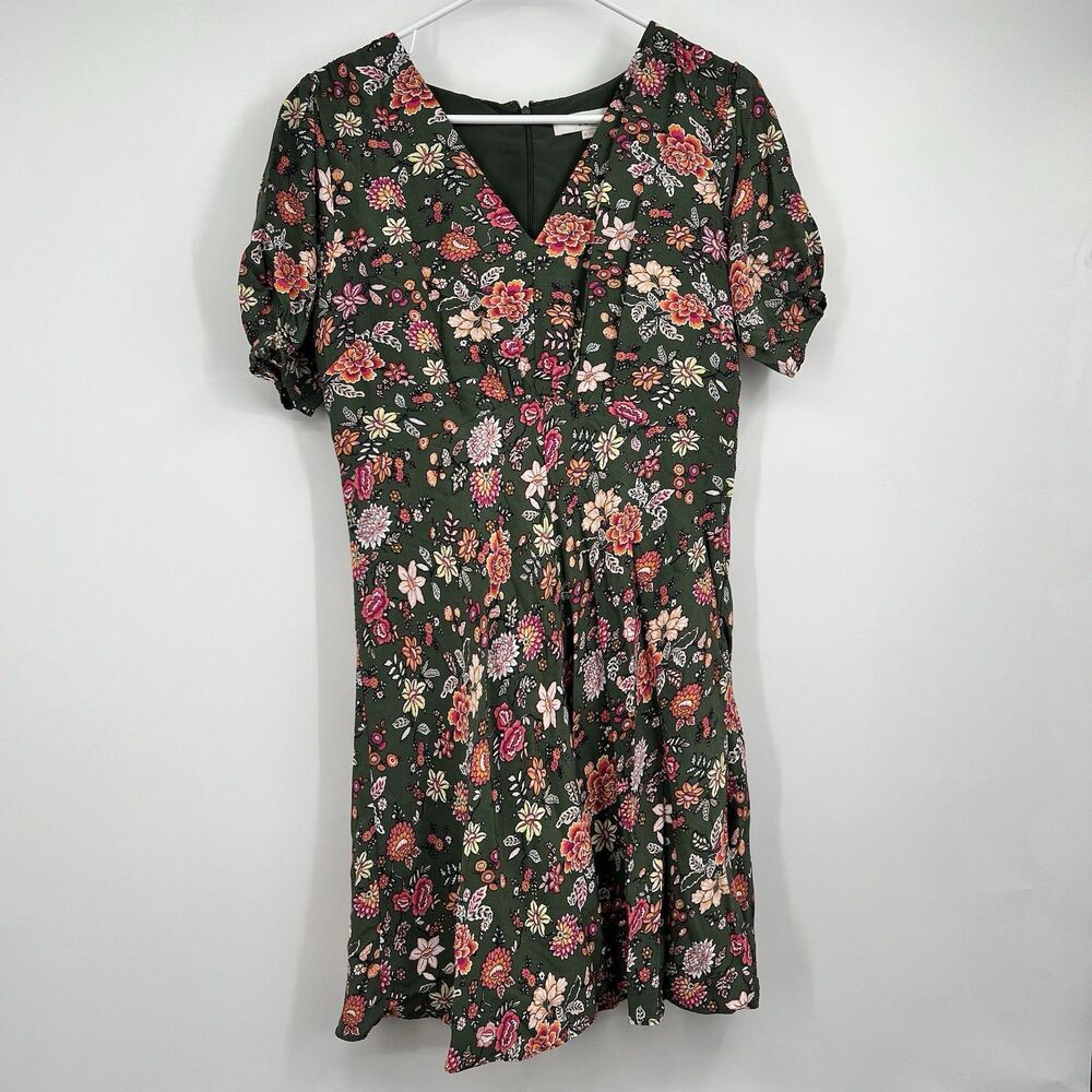LOFT Country Garden Dress 10 Puff Sleeves V-Neck Green Floral Print Cottagecore
